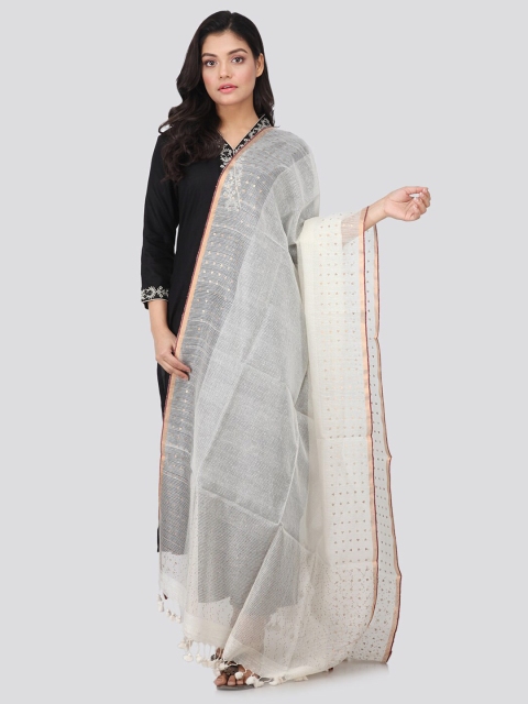 

PinkLoom Women White Pure Silk Woven Designed &Embellished Sustainable Dupatta