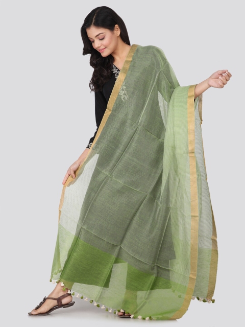 

PinkLoom Green & Gold-Toned Striped Linen Sustainable Dupatta