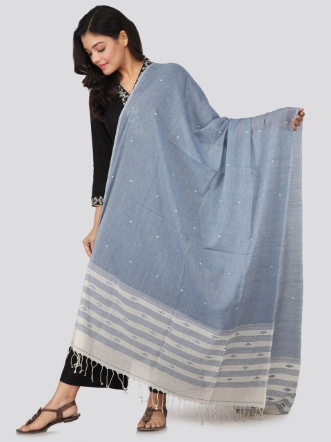 

PinkLoom Blue & Off White Ethnic Motifs Woven Design Pure Cotton Sustainable Dupatta