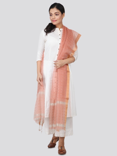 

PinkLoom Peach-Coloured & Gold-Coloured Ethnic Motifs Woven Design Pure Silk Dupatta