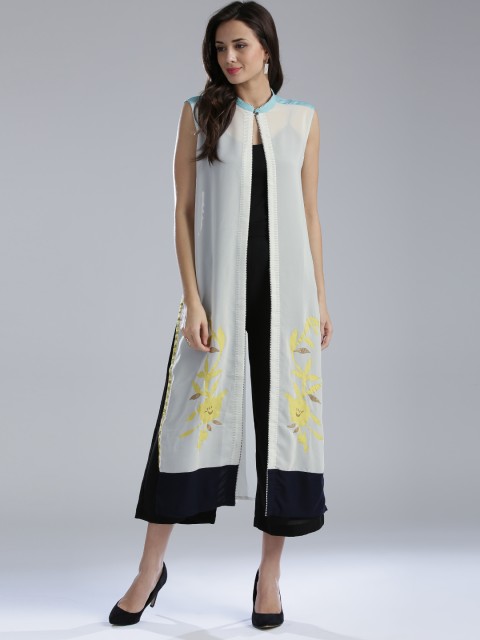 

W Women Off-White Applique Detail Sheer Longline Ethnic Jacket