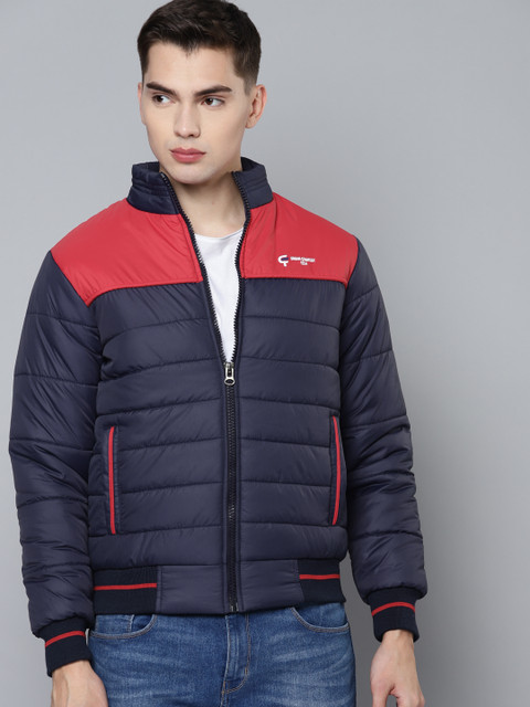

Fort Collins Men Navy Blue & Red Colourblocked Bomber Jacket
