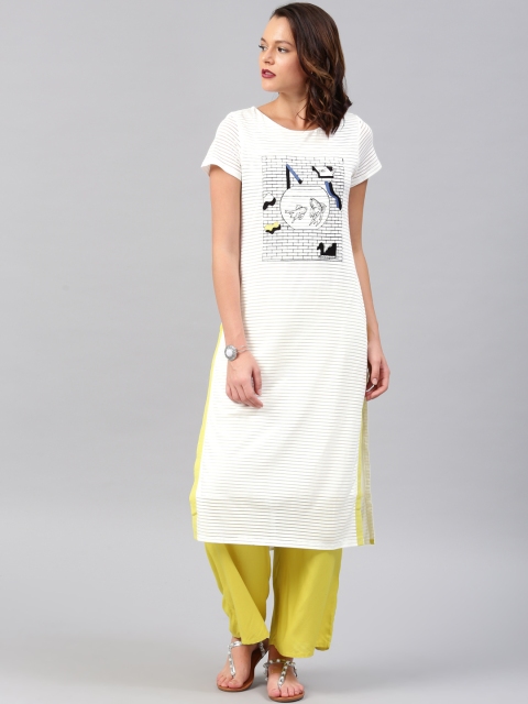 

W Off-White Self-Striped Embroidered Kurta