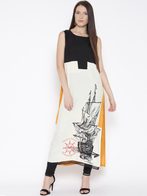

W Off-White & Mustard Yellow Ship Print Kurta