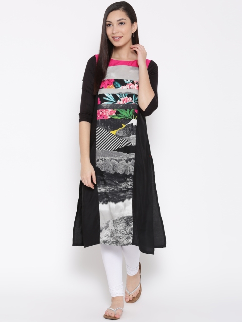 

W Women Black & Grey Printed Straight Kurta