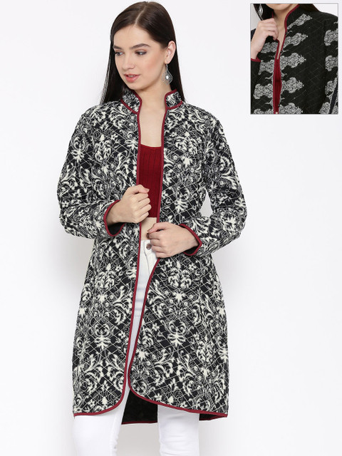 

W Black & Off-White Quilted Printed Reversible Longline Ethnic Jacket