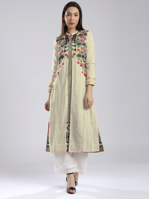 

W Women Cream-Coloured & Black Printed Kurta with Ethnic Jacket