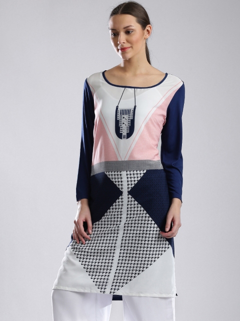 

W Women Off-White & Navy Printed Semi-Sheer Straight Kurta