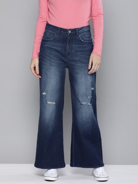 

Mast & Harbour Women Blue Wide Leg Low Distress Heavy Fade Stretchable Jeans