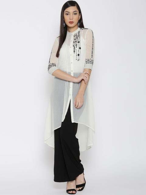 

Wishful by W Women White Embroidered Sheer A-Line High-Low Kurta