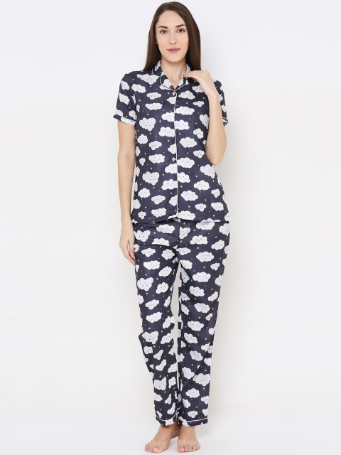 

FashionRack Women Navy Blue & White Printed Night Suit