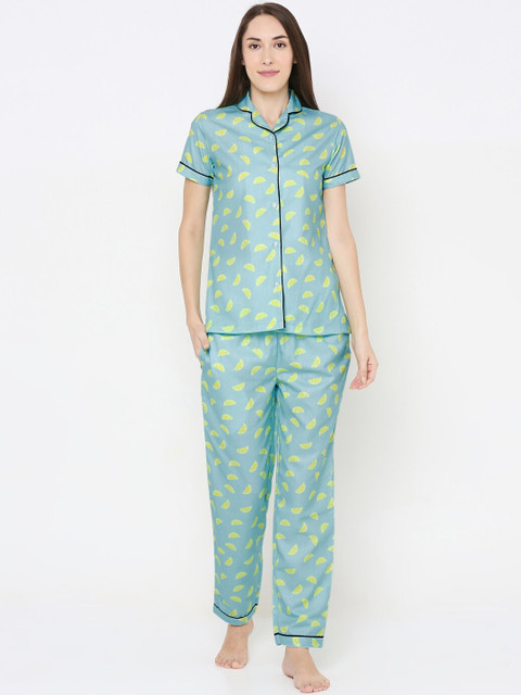 

FashionRack Women Blue & Yellow Printed Night Suit