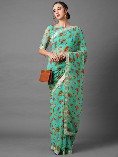 

Mitera Turquoise Blue & Red Floral Saree