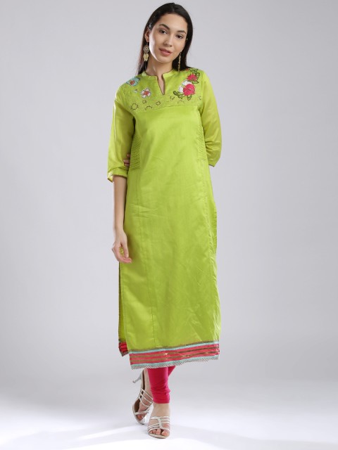 

Wishful by W Women Green Patch Work Straight Kurta