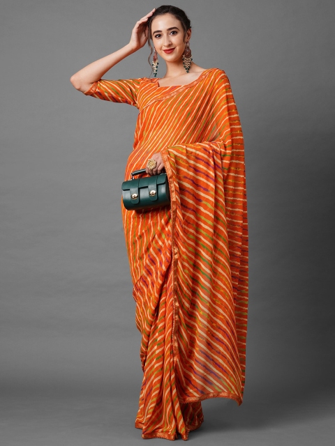 

Mitera Orange & Green Striped Leheriya Saree