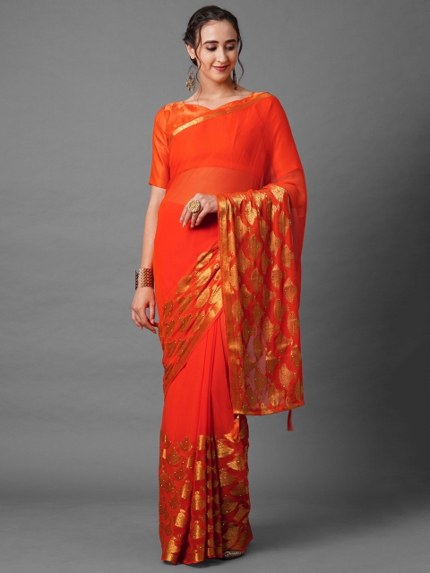

Mitera Orange & Gold-Toned Beads and Stones Saree