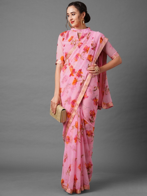 

Mitera Pink & Orange Floral Zari Saree