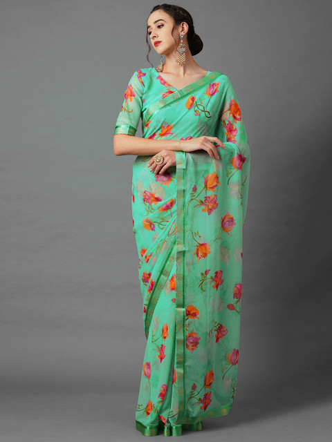 

Mitera Sea Green & Fuchsia Floral Zari Saree