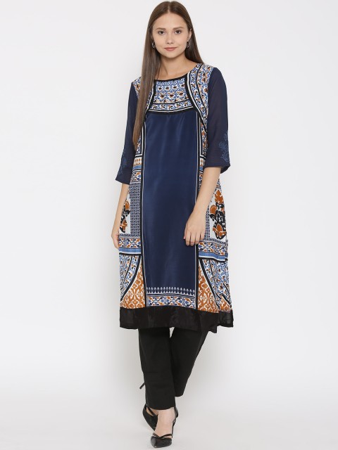 

Wishful by W Women Navy & Off-White Ethnic Print Sequinned Kurta, Navy blue