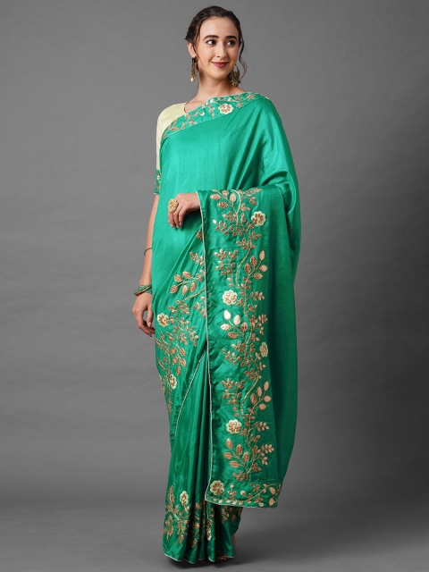 

Mitera Sea Green & Gold-Toned Floral Gotta Patti Silk Blend Saree