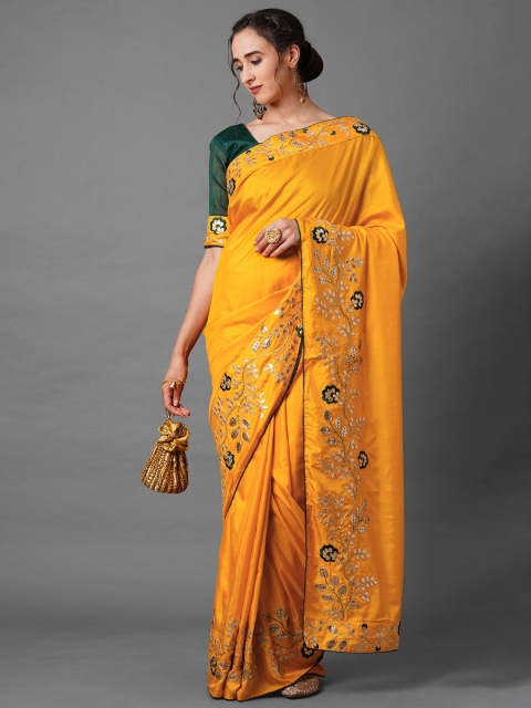 

Mitera Mustard & Green Floral Gotta Patti Silk Blend Saree