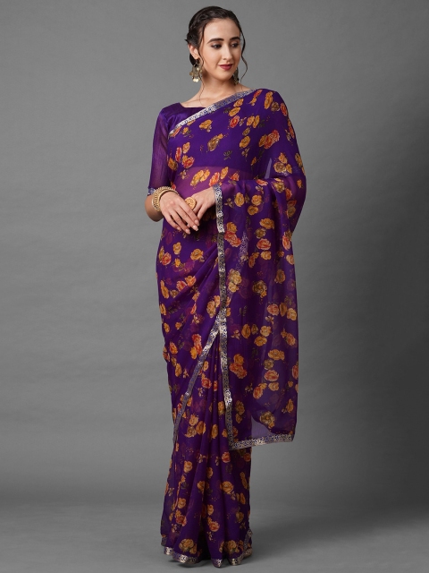 

Mitera Purple & Red Floral Zari Saree