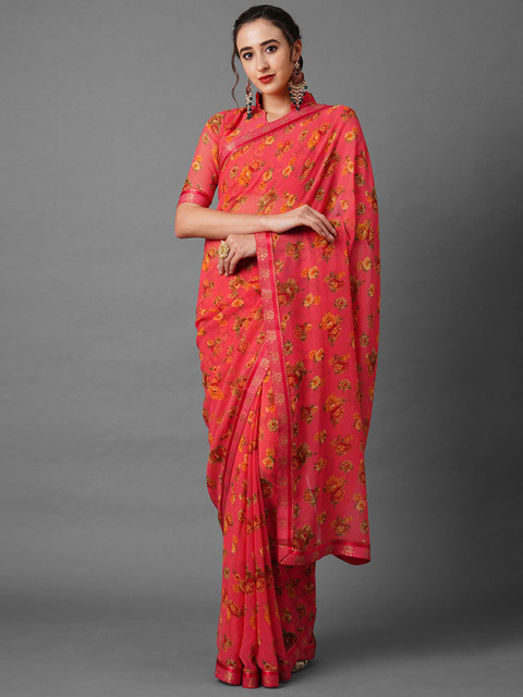 

Mitera Peach-Coloured & Yellow Floral Zari Saree