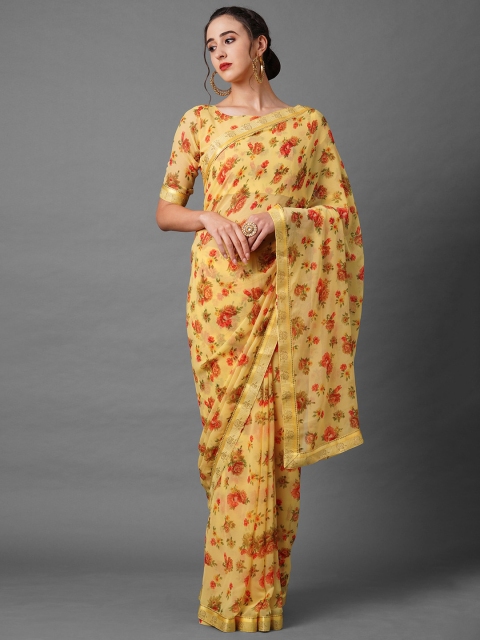 

Mitera Yellow & Red Floral Zari Saree