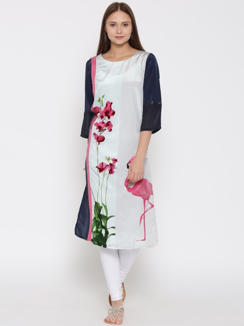 

Wishful by W Women Beige & Navy Floral Print Sequinned Kurta