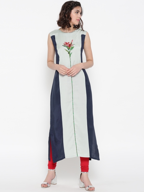 

W Women Grey & Navy Embroidered Detail Straight Kurta