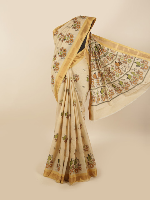

Pothys Tan & Cream-Coloured Floral Pure Cotton Saree