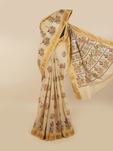 

Pothys Tan & Green Floral Pure Cotton Saree