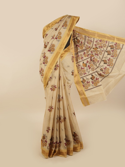 

Pothys Tan & Gold-Toned Floral Pure Cotton Saree