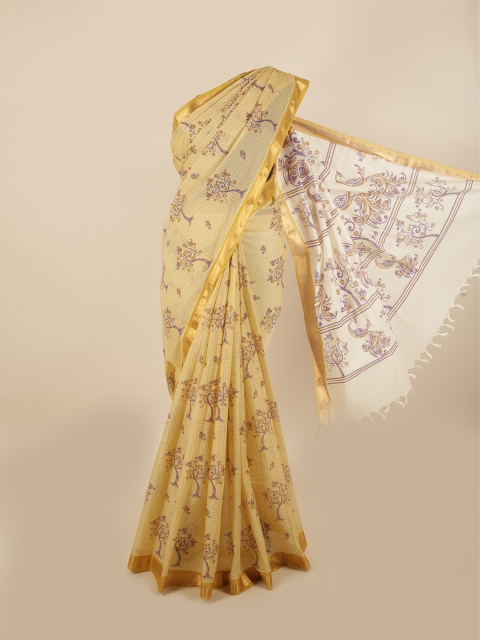 

Pothys Yellow & Purple Floral Zari Pure Cotton Saree