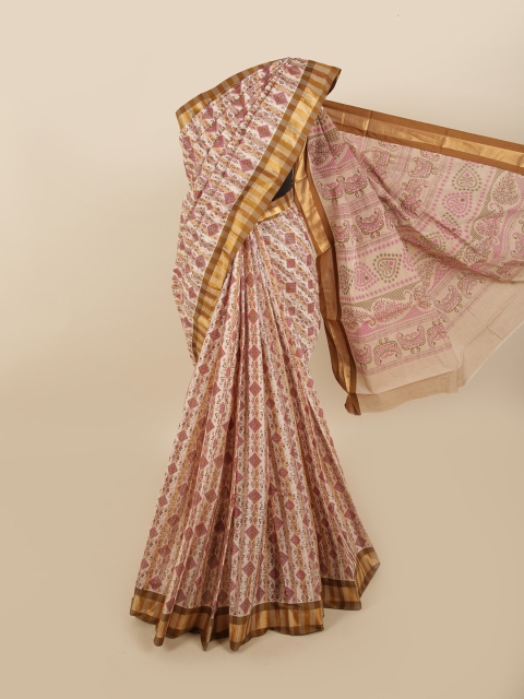 

Pothys Cream-Coloured & Pink Ethnic Motifs Zari Pure Cotton Saree