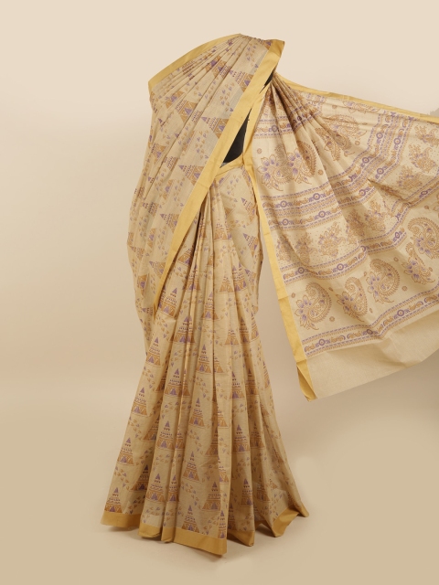 

Pothys Cream-Coloured & Purple Zari Pure Cotton Saree