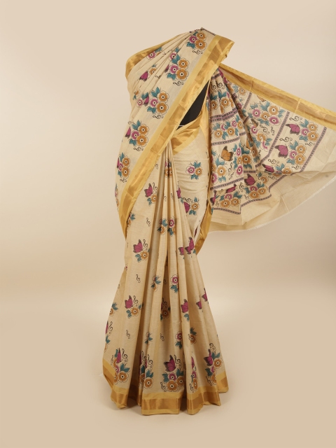 

Pothys Tan & Mustard Floral Zari Pure Cotton Saree