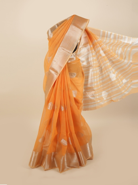 

Pothys Orange & Silver-Toned Ethnic Motifs Zari Saree