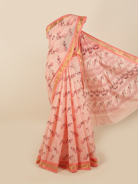 

Pothys Peach-Coloured & Black Ethnic Motifs Zari Pure Cotton Saree