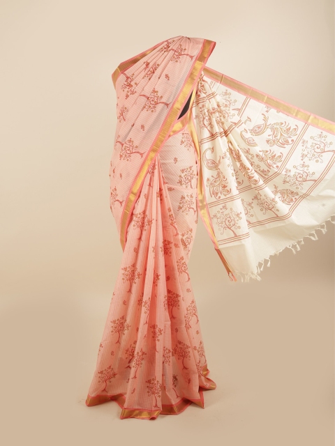 

Pothys Peach-Coloured & Gold-Toned Floral Pure Cotton Saree