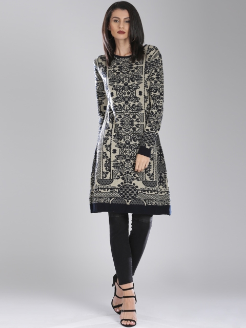 

W Women Beige & Navy Blue Woven Straight Kurta