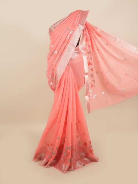 

Pothys Peach-Coloured & Silver-Toned Woven Design Zari Saree