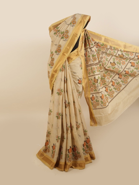 

Pothys Tan & Green Floral Pure Cotton Saree