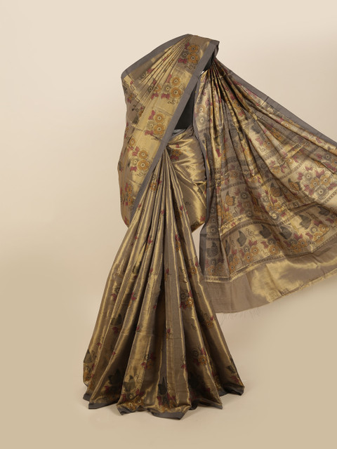 

Pothys Gold-Toned & Grey Floral Pure Cotton Saree