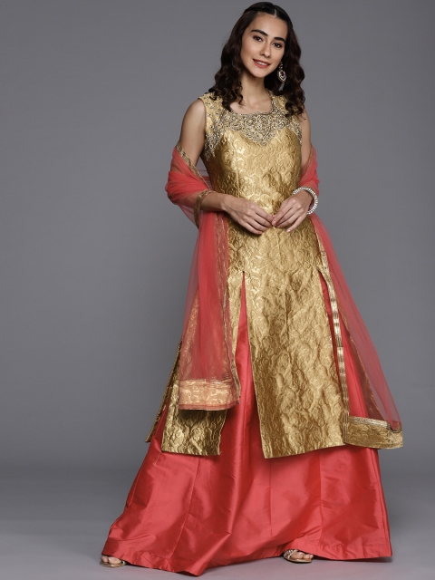 

Chhabra 555 Gold-Toned & Pink Embroidered Mirror Work Made to Measure Lehenga & Blouse With Dupatta