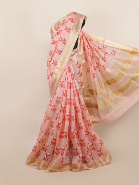 

Pothys Pink & Red Ethnic Motifs Zari Linen Blend Saree