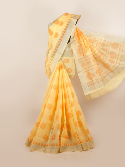 

Pothys Orange & Silver-Toned Ethnic Motifs Zari Linen Blend Saree