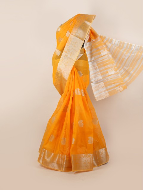 

Pothys Orange & Silver-Toned Ethnic Motifs Zari Saree