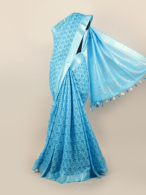 

Pothys Blue & Silver-Toned Floral Zari Saree