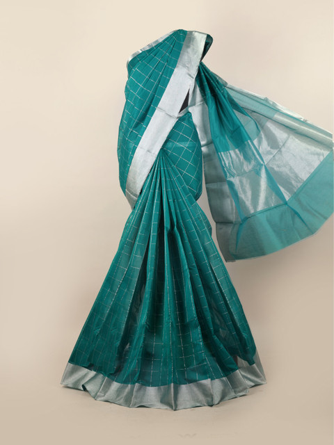 

Pothys Green & Silver-Toned Checked Zari Silk Cotton Saree